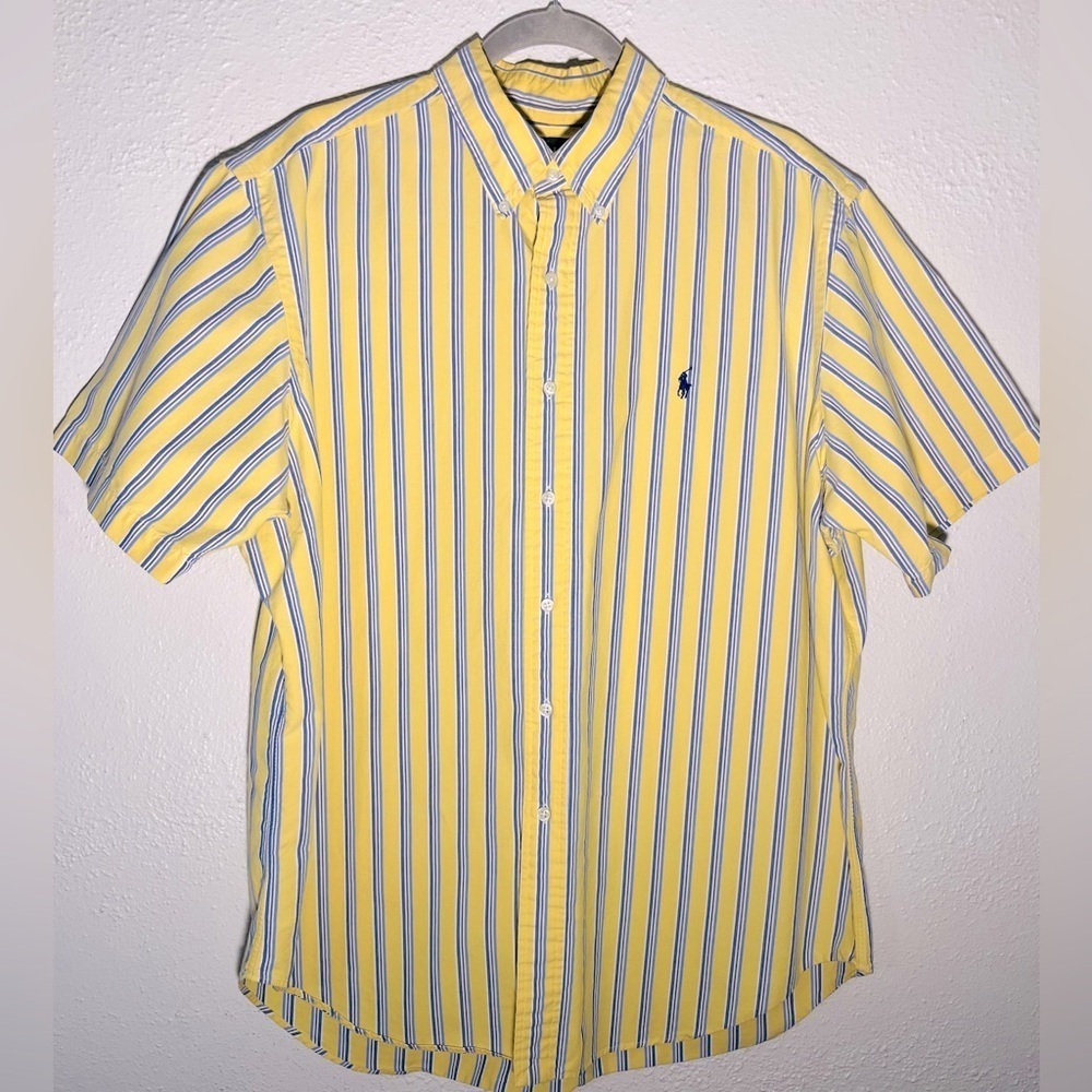 Vintage Ralph Lauren Mens XL Shirt Blue Yellow Stripe Short Sleeve Classic Fit